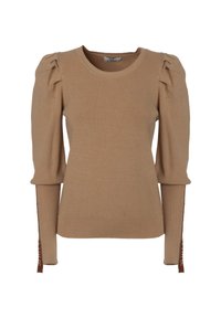 Beiger, gerippter Pullover mit puffierten kurzen Ärmeln. Verfügt über einen strukturierten Stoff, einen runden Halsausschnitt und kontrastierende Akzente entlang der Ärmel.