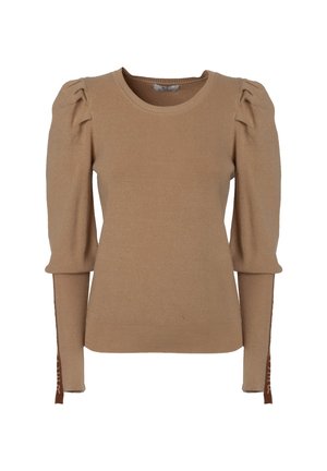 Maglione ribbed color tan con maniche corte a sbuffo. Presenta un tessuto strutturato, scollatura rotonda e dettagli a contrasto lungo le maniche.