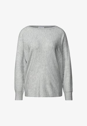 Lys grå langærmet sweater med bådudskæring, blød tekstur, løs pasform og ribbede ærmer. Simpelt design uden mønstre eller udsmykninger.