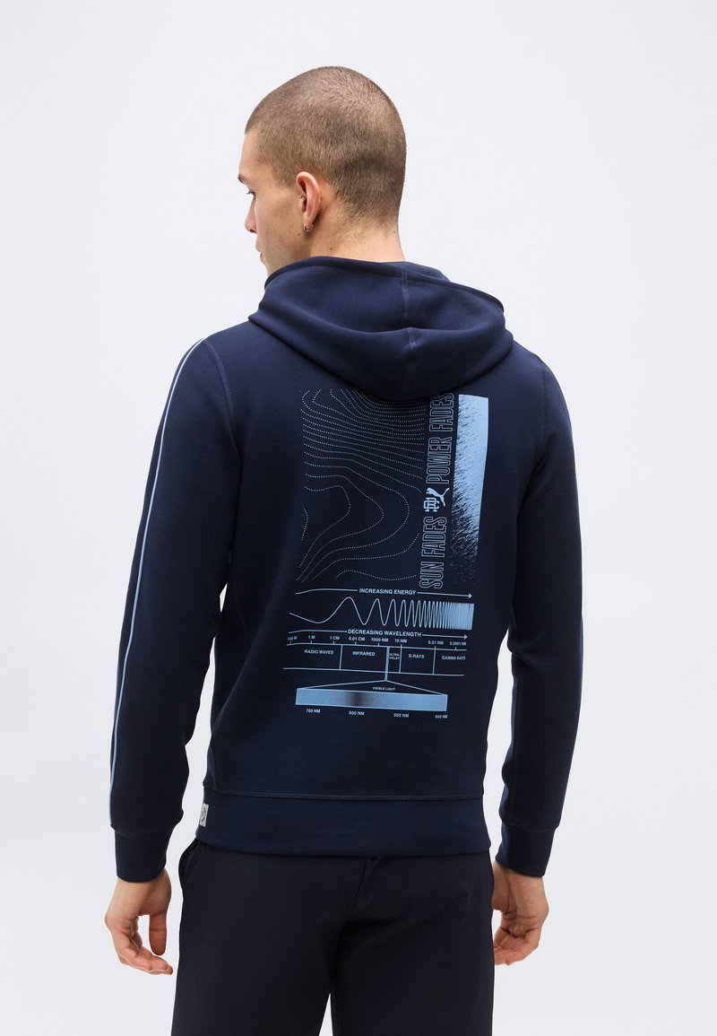 Άνδρας με μπλε σκούφο φούτερ που έχει στο πίσω μέρος γραφικό του ηλεκτρομαγνητικού φάσματος και κείμενο "Ο ΗΛΙΟΣ ΧΑΝΕΤΑΙ, Η ΙΣΧΥΣ ΧΑΝΕΤΑΙ", στέκεται μπροστά σε απλό φόντο.