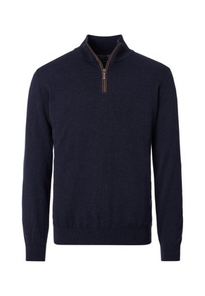 Maglione blu navy scuro a manica lunga con una corta cerniera frontale e polsini e orlo a coste.