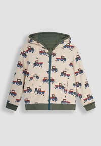 JoJo Maman Bébé HIPPO APPLIQUE REVERSIBLE HOODIE - Kardigán - khaki green tractor