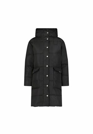 Czarna pikowana kurtka z kapturem, zatrzaskami, dwoma przednimi kieszeniami i pikowanym wzorem. Gładki materiał o matowym wykończeniu.