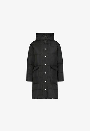 Czarna pikowana kurtka z kapturem, zatrzaskami, dwoma przednimi kieszeniami i pikowanym wzorem. Gładki materiał o matowym wykończeniu.