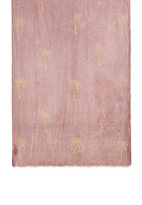 Miękki różowy materiał z złotymi wzorami palm, równomiernie rozmieszczonymi na powierzchni, brzegi lekko wyfrędzane.