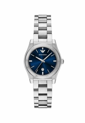 Edelstahl-Armbanduhr mit einem navyblauen Zifferblatt, silbernen Stundenmarkierungen und einem Datumsfenster. Verfügt über eine geriffelte Lünette und ein Gliederarmbanddesign.