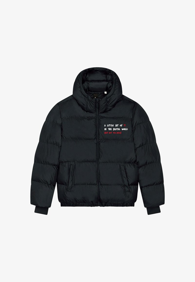 Doudoune noire avec un col montant, fermeture éclair à l'avant, deux poches frontales, poignets élastiques et détails textuels sur le côté gauche de la poitrine. Texture douce.