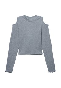 Maglietta grigia a maniche lunghe con ritagli sulle spalle, realizzata in morbido cotone misto. Presenta un colletto a costine e polsini con volant.