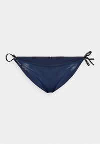 Mutandine bikini blu scuro realizzate in tessuto leggero, con lacci regolabili ai lati e una superficie liscia e leggermente lucida.