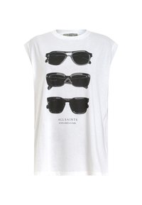 Camiseta blanca de algodón con una gráfica de tres pares de gafas de sol negras, con "ALLSAINTS" y "GAFAS DE SOL EN OSCURO" impresos debajo.