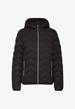 Zwarte pufferjas met capuchon en een chevronpatroon, rits aan de voorkant en zijzakken. Heeft een gladde textuur en elastische manchetten.