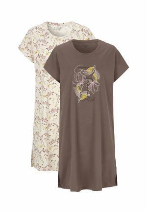 Zwei Nachthemden mit kurzen Ärmeln, eines braun mit floralem Motiv und Text, das andere cremefarben mit kleinem gelb-rosa Blumenmuster.