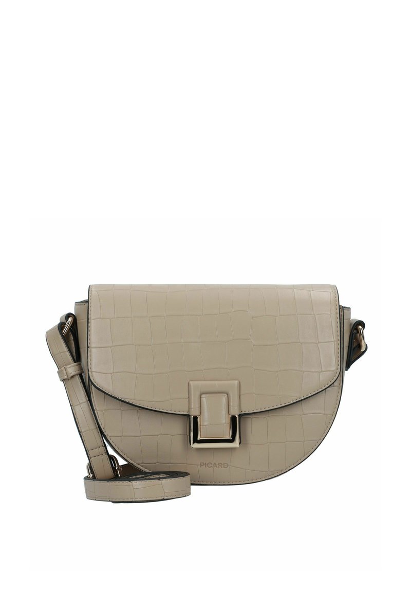 Borsa a tracolla beige con una texture simile a quella di un coccodrillo, dotata di chiusura a patta magnetica e una tracolla rimovibile.