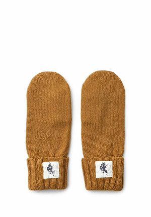 Paire de moufles tricotées marron avec poignets repliés, chaque poignet affichant une étiquette en tissu blanc avec un logo sombre de cavalier à cheval.