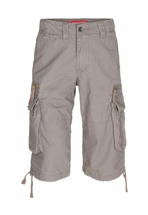 Pamut keverékből készült khaki cargo sort, több oldalsó zsebbel, zsinóros aljjal és gombos derékkal.