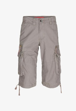 Pamut keverékből készült khaki cargo sort, több oldalsó zsebbel, zsinóros aljjal és gombos derékkal.