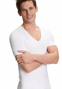 White short-sleeve V-neck t-shirt made from smooth, stretchable fabric, featuring a fitted design and comfortable neckline.