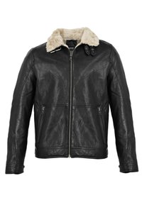 Zwarte leren jas met een fluffy crèmekleurige kraag, ritssluiting, twee voorzakken en drukknoopsluitingen bij de kraag.