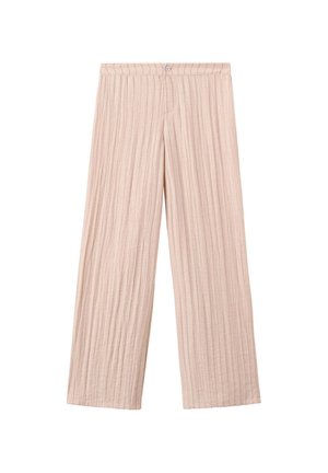 Pantalones anchos de punto acanalado en beige con botón y cintura elástica, mostrados planos sobre un fondo blanco.