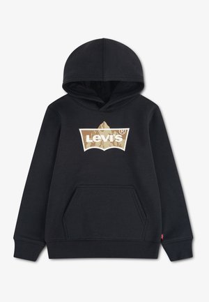Sort hættetrøje med forreste kængurulomme og Levi's-logo med et bjergdesign i beige og hvid på brystet.