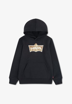 Czarna bluza z kapturem, przednią kieszenią kangurką i logo Levi's z górskim motywem w beżu i bieli na piersi.