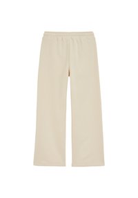 Bež široke hlače iz mehkega blaga z elastičnim pasom in gladko teksturo. Brez vzorcev ali dodatnih poudarkov.