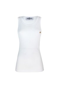 Canottiera bianca a costine con un piccolo dettaglio di cherubino ricamato sul lato sinistro del petto e un'etichetta del brand Fiorucci sul colletto.