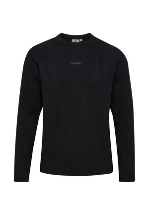 Czarny, długi rękaw, sweter w strukturze wafla z okrągłym dekoltem i małym logo "hummel" na środku klatki piersiowej.