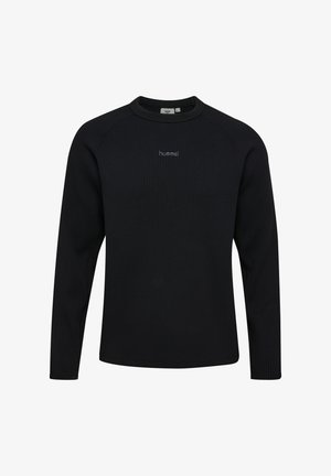 Zwarte lange mouw pullover van wafelstof met ronde hals en klein "hummel"-logo in het midden van de borst.