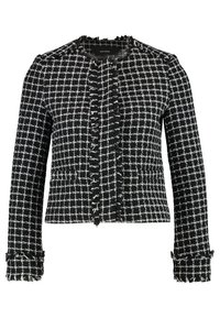 Czarna i biała z tweedu kurtka z teksturowanym wzorem w kratę, skrócona długość, postrzępione krawędzie i okrągły dekolt. Zapięcie na guziki z przodu.