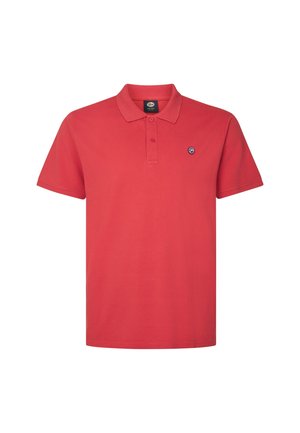 Červená polo košile vyrobená z bavlny s klasickým límcem, zapínáním na tři knoflíky, krátkými rukávy a malým logem na levé hrudi.