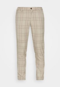 Béžové kostkované kalhoty s hnědým mřížkovým vzorem, rovný střih, zapínání na knoflíky a poutka na opasek, vyrobené z lehké tkaniny.