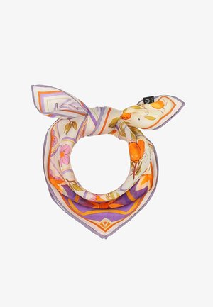Silk scarf tied in a loop with floral and fruit patterns in orange, purple, and cream tones, featuring a small black tag.