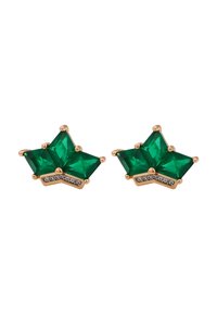Orecchini geometrici verdi con dettagli in oro e piccoli cristalli trasparenti, caratterizzati da un design triangolare a strati.