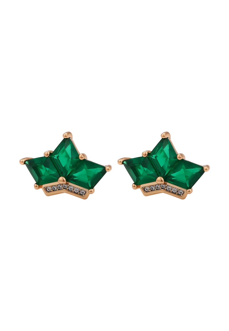 Orecchini geometrici verdi con dettagli in oro e piccoli cristalli trasparenti, caratterizzati da un design triangolare a strati.