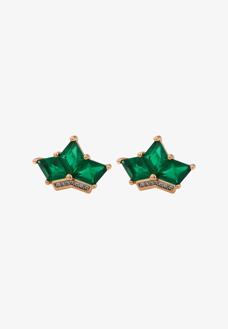 Orecchini geometrici verdi con dettagli in oro e piccoli cristalli trasparenti, caratterizzati da un design triangolare a strati.