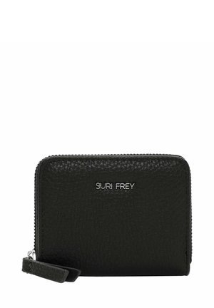 Black leather wallet with a textured finish, zip closure, and a wrist strap. Features the brand name "SURI FREY" in silver lettering.