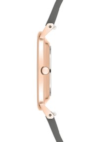 Rosegoldene Uhr mit rechteckigem Gehäuse, grauem Armband und runder Krone. Glatte metallische Oberfläche und minimalistisches Design.