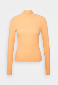 Langarm-Turtleneck-Oberteil aus weichem Pfirsichstoff, figurbetonter Schnitt, glatte Textur, mit hohem Kragen und geradem Saum.