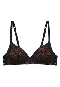 Soutien-gorge en dentelle noire avec un motif floral, doublure orange, bretelles ajustables et décolleté plongeant. Bords lisses et finitions délicates.