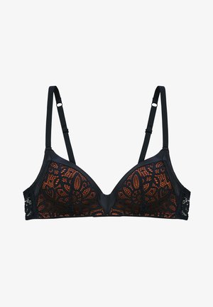 Soutien-gorge en dentelle noire avec un motif floral, doublure orange, bretelles ajustables et décolleté plongeant. Bords lisses et finitions délicates.