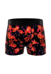Boxers imprimés floraux avec un fond noir ; dotés de fleurs rouges et violettes vives ; tissu doux ; ceinture élastique noire.