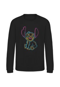 Felpa nera con una colorataoutline in neon di un personaggio dei cartoni animati con grandi orecchie, espressione giocosa e tratti distintivi del viso.