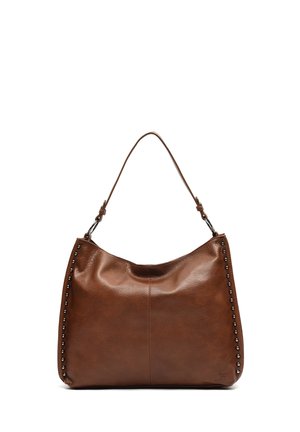Braune Leder-Schultertasche mit glatter Textur, versehen mit Metallnieten entlang einer Seite und einem einzigen, verstellbaren Trageriemen.