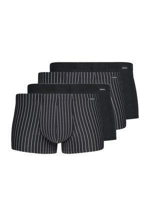Set di boxer neri composto da due paia con righe bianche verticali e due paia neri solidi, realizzati in tessuto morbido e elasticizzato.