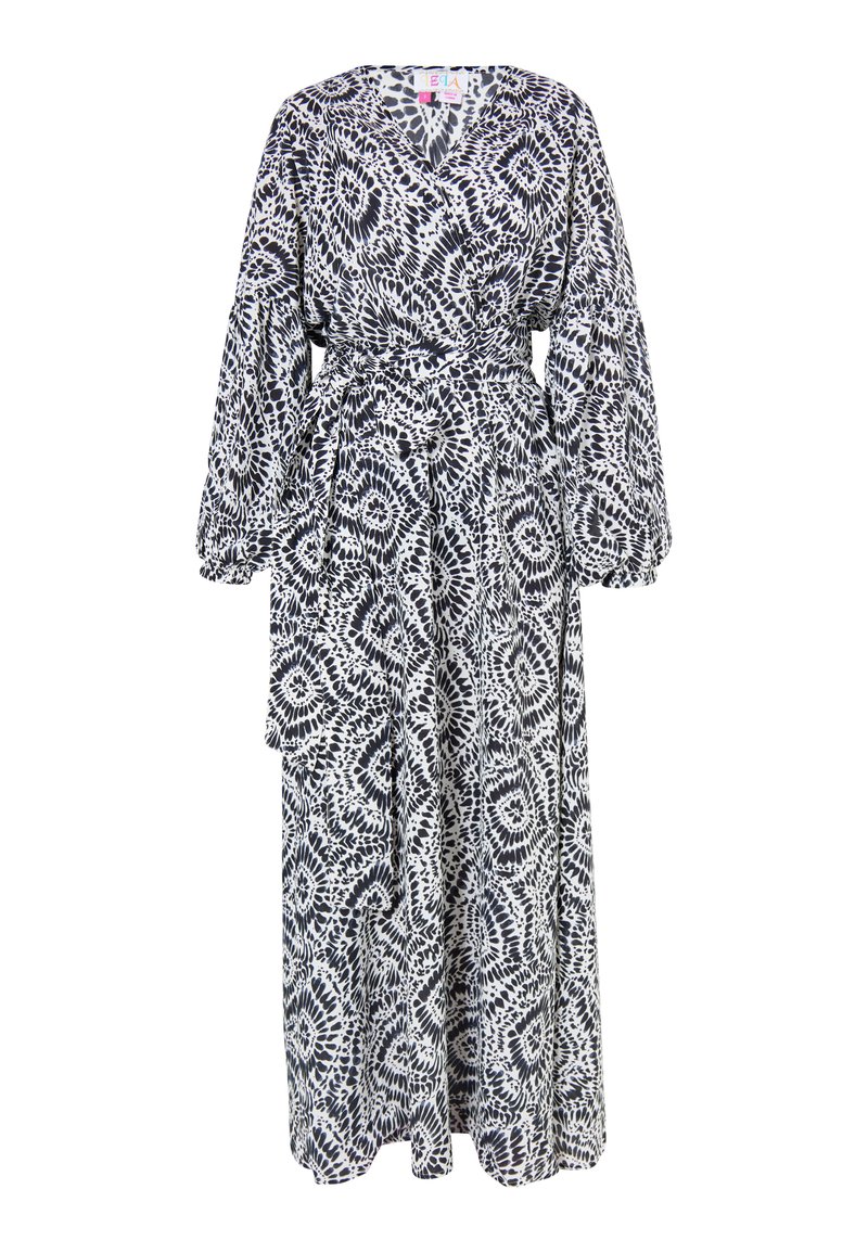 Rochie lungă, monocolor, cu un model abstract în alb și negru. Confecționată dintr-un material ușor, cu mâneci bufante și o curea de legare la talie.