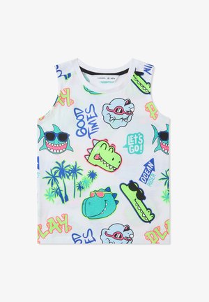 Biały bezrękawnik z kolorowymi nadrukami w stylu kreskówkowym, przedstawiającymi rekiny, dinozaury i palmy, z elementami tekstowymi w jaskrawych kolorach.
