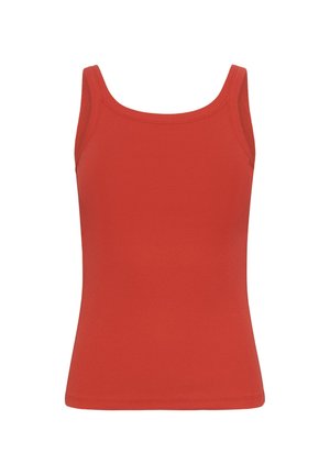 Débardeur rouge en maille côtelée sans manches, avec un décolleté carré et des bretelles larges, présenté sur un fond blanc uni.