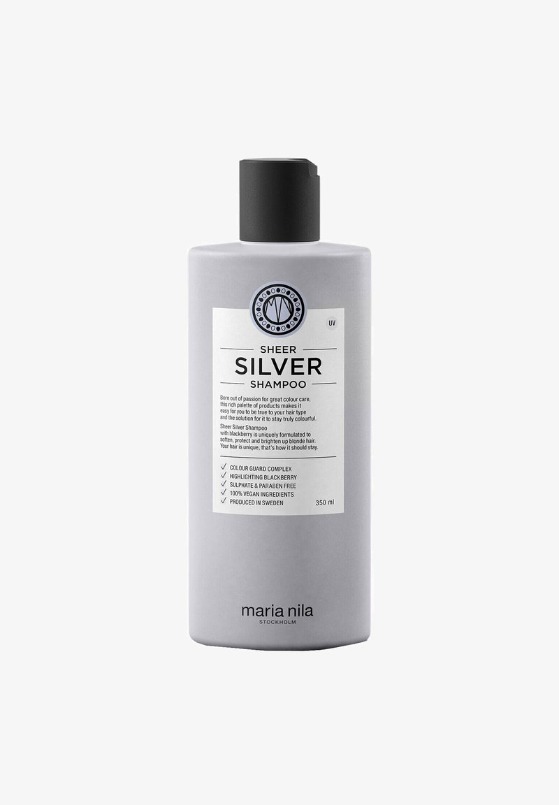 Gray plastic shampoo bottle with a black flip-top lid. Front label features a white panel with text and a circular logo. Size: 350 ml.