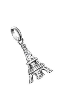 Eiffelturm-Anhänger aus Sterlingsilber mit detailliertem Gitterdesign und zwei klaren Strasssteinen, ausgestattet mit einer glatten, runden Befestigungsschlaufe.